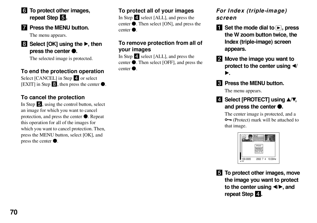 Sony DSC-P51, DSC-P31, DSC-P71 operating instructions For Index triple-image screen 