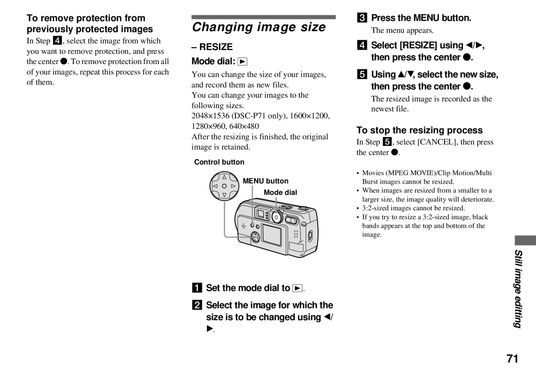 Sony DSC-P71, DSC-P31, DSC-P51 Changing image size, To remove protection from previously protected images, Resize Mode dial 