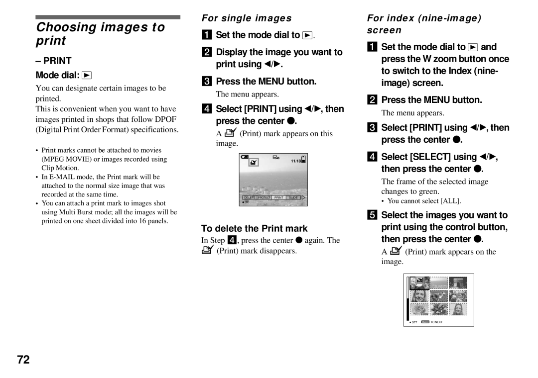 Sony DSC-P31, DSC-P51, DSC-P71 Choosing images to print, Print Mode dial, Select Print using b/B, then press the center z 