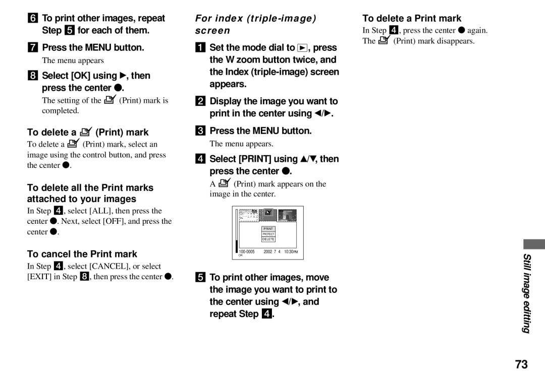 Sony DSC-P51, DSC-P31, DSC-P71 Select OK using B, then press the center z, To delete a Print mark, To cancel the Print mark 