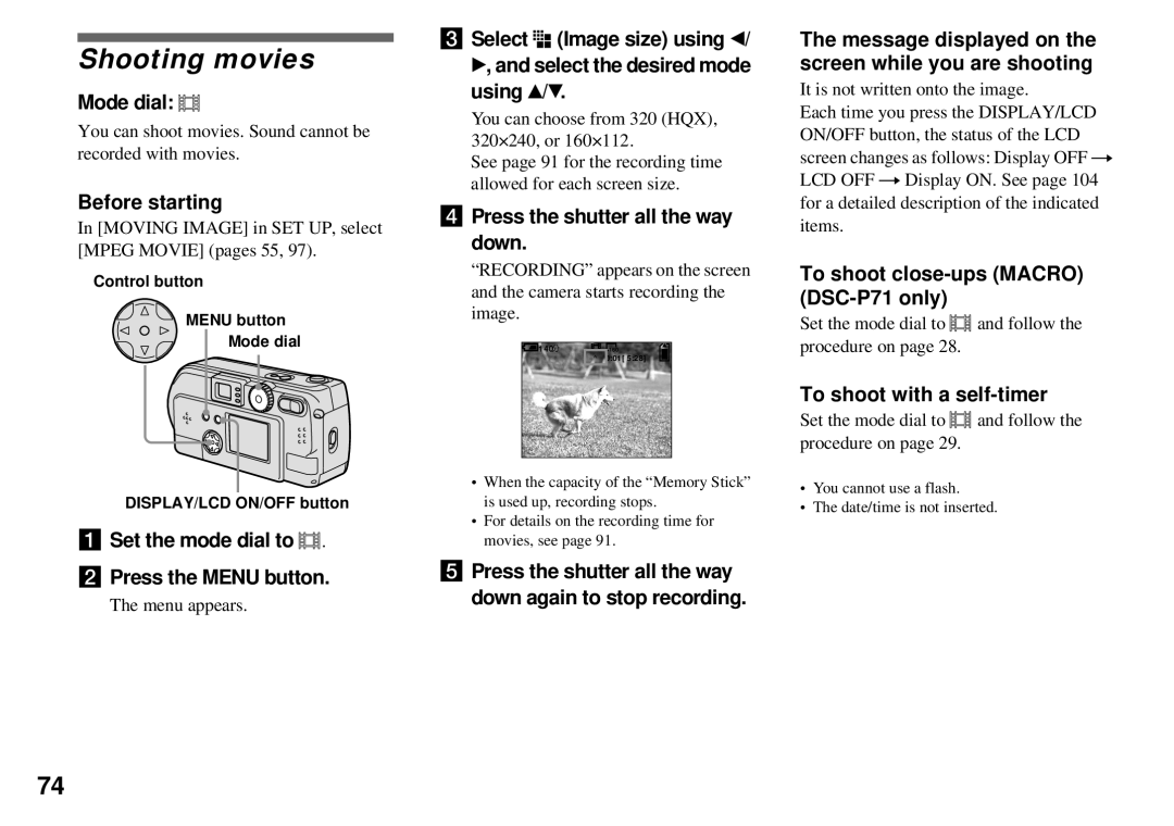 Sony DSC-P71, DSC-P31, DSC-P51 operating instructions Shooting movies 