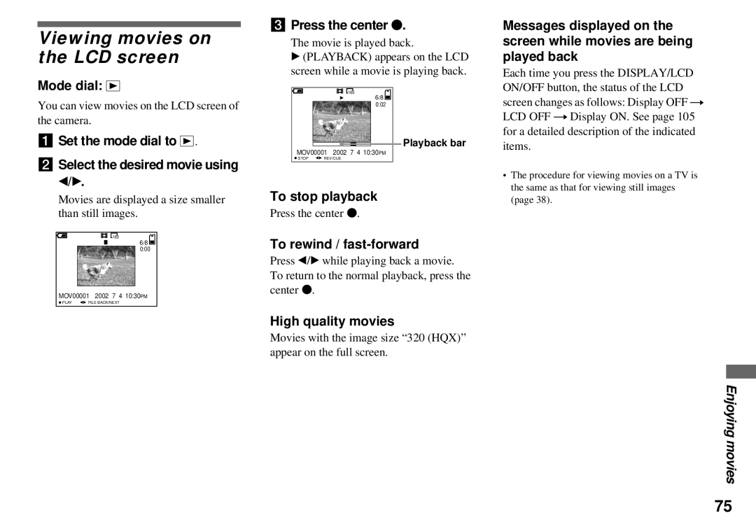 Sony DSC-P31, DSC-P51, DSC-P71 operating instructions Viewing movies on the LCD screen, Enjoying movies 