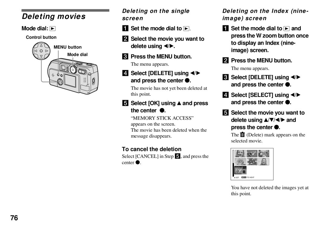 Sony DSC-P51, DSC-P31, DSC-P71 Deleting movies, Deleting on the single screen, Deleting on the Index nine- image screen 