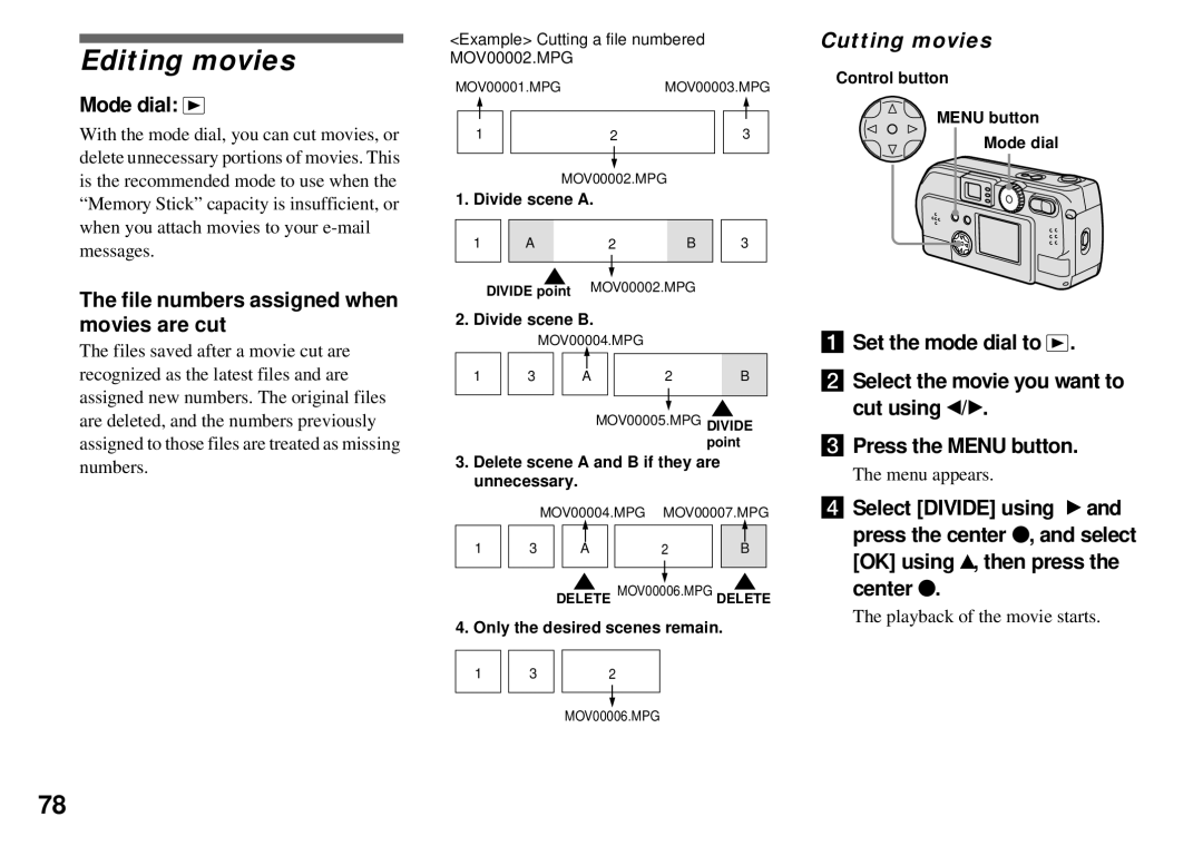 Sony DSC-P31 Editing movies, File numbers assigned when movies are cut, Cutting movies, Playback of the movie starts 