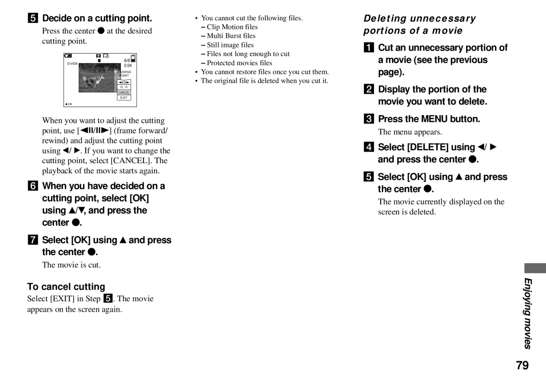 Sony DSC-P51, DSC-P31, DSC-P71 Decide on a cutting point, To cancel cutting, Deleting unnecessary portions of a movie 