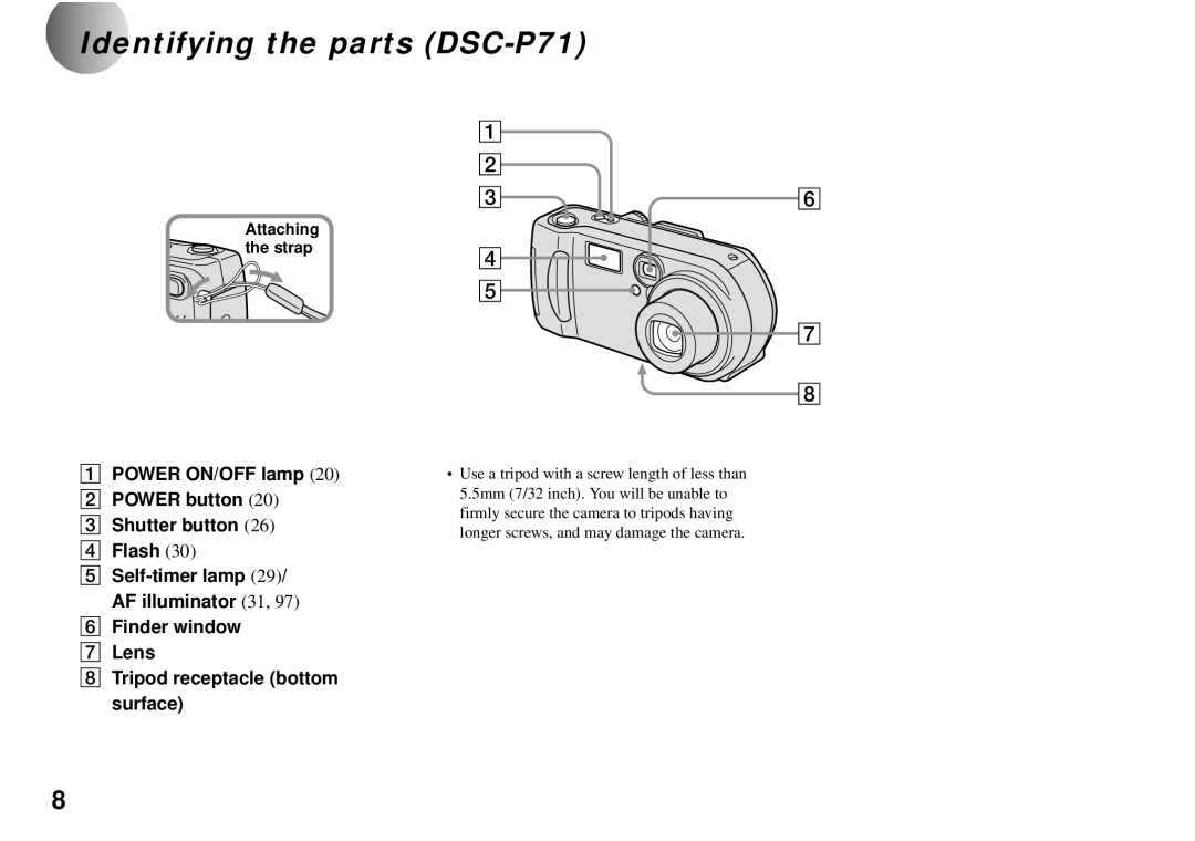 Sony DSC-P31, DSC-P51 Identifying the parts DSC-P71, Finder window G Lens Tripod receptacle bottom surface 