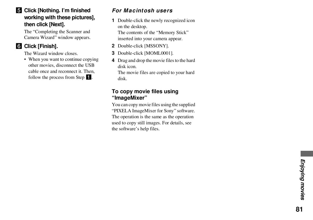 Sony DSC-P31, DSC-P51, DSC-P71 operating instructions For Macintosh users, To copy movie files using ImageMixer 