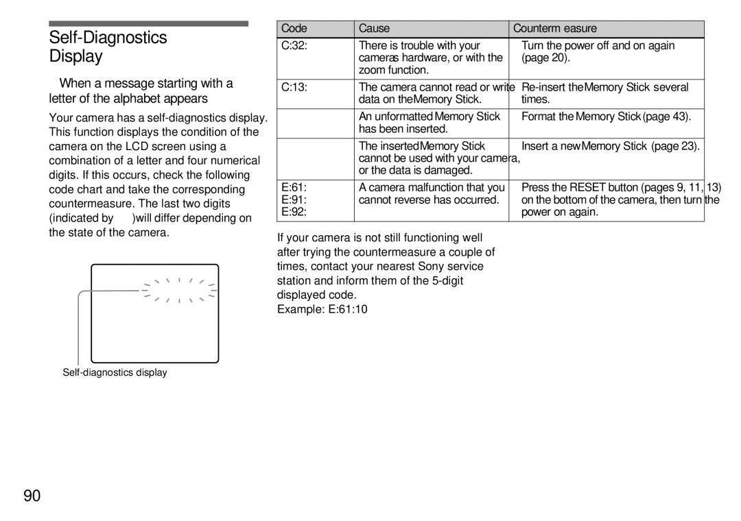 Sony DSC-P31, DSC-P51, DSC-P71 operating instructions Self-Diagnostics Display 