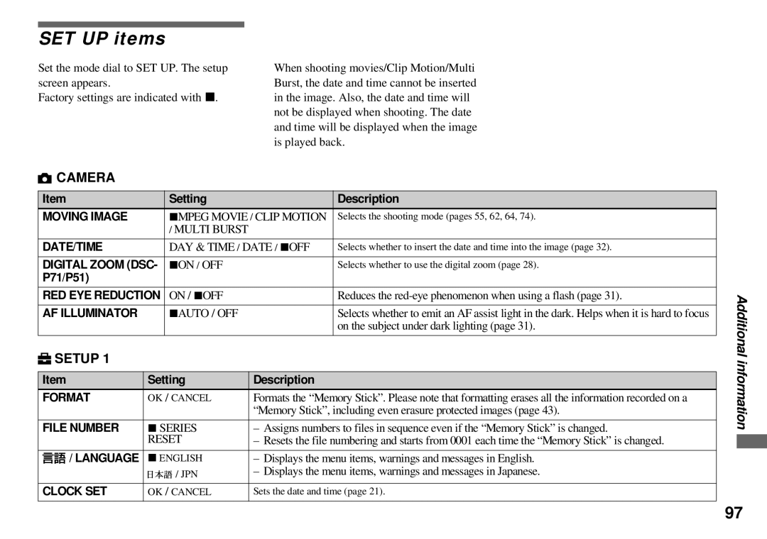 Sony DSC-P51, DSC-P31, DSC-P71 operating instructions SET UP items 