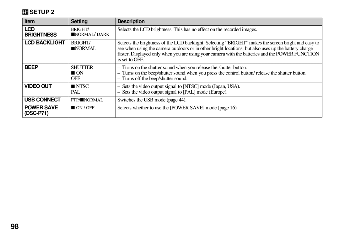 Sony DSC-P71, DSC-P31, DSC-P51 Lcd, Brightness, LCD Backlight, Beep, Video OUT, USB Connect, Power Save 