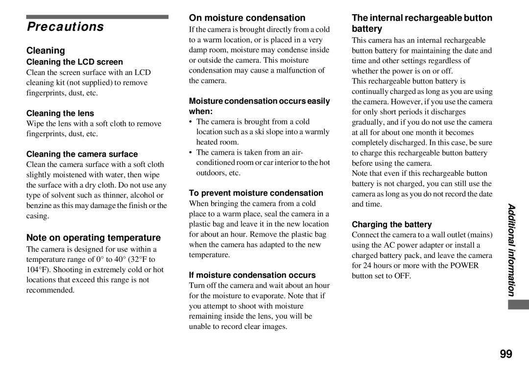 Sony DSC-P31, DSC-P51, DSC-P71 Precautions, Cleaning, On moisture condensation, Internal rechargeable button battery 