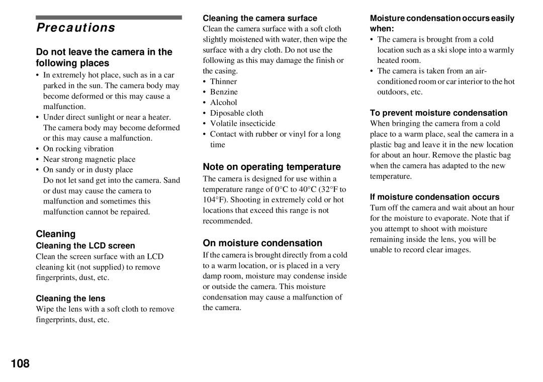 Sony DSC-P32 Precautions, 108, Do not leave the camera in the following places, Cleaning, On moisture condensation 