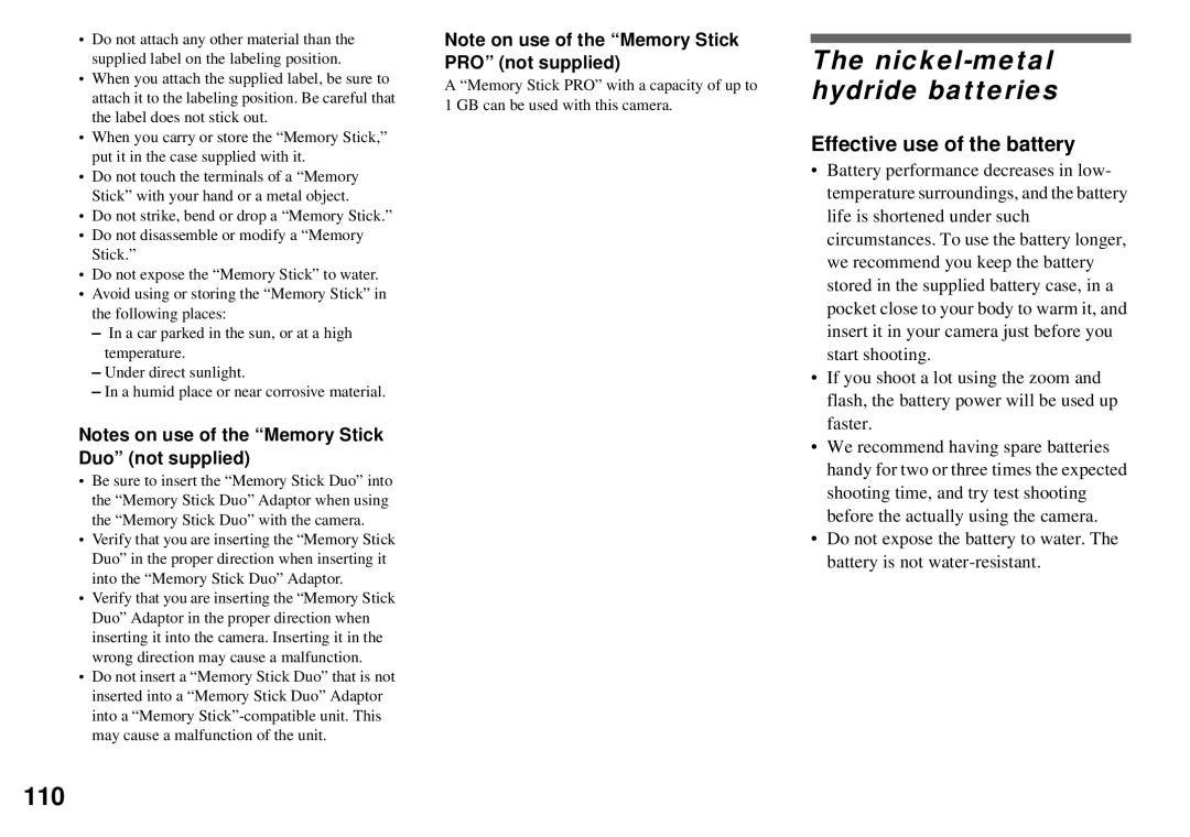 Sony DSC-P32, DSC-P72 operating instructions Nickel-metal hydride batteries, 110, Effective use of the battery 