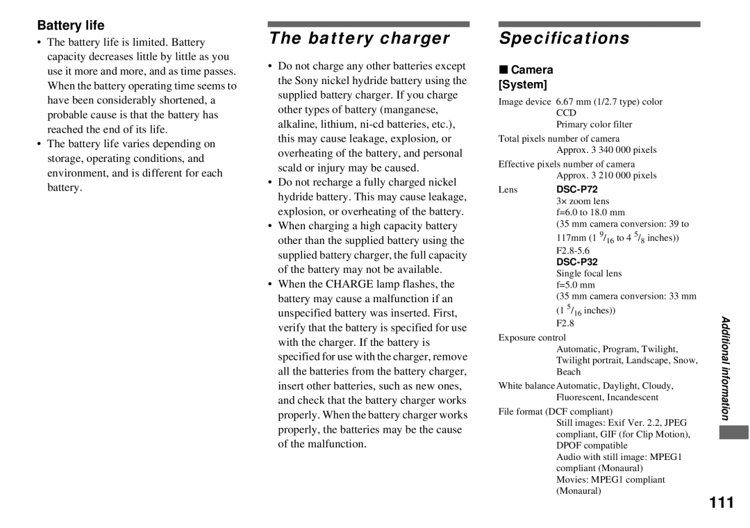 Sony DSC-P72, DSC-P32 operating instructions Battery charger, Specifications, 111, Battery life, Camera System 