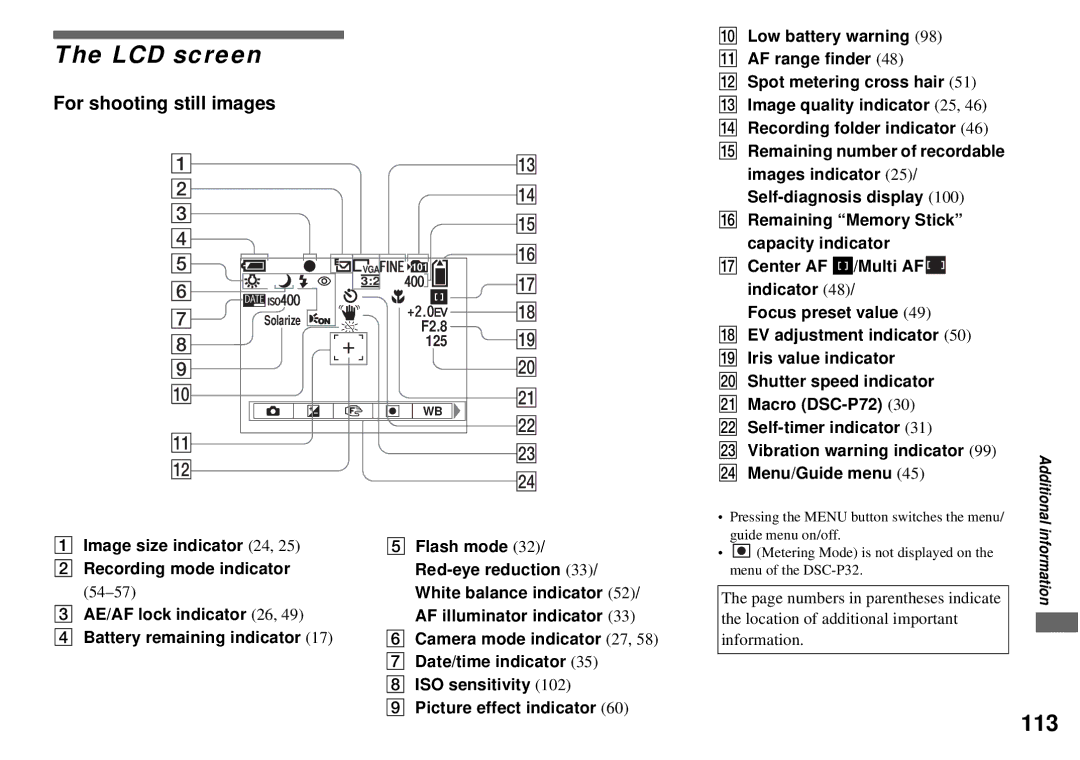 Sony DSC-P72, DSC-P32 operating instructions LCD screen, 113, For shooting still images, 54-57 