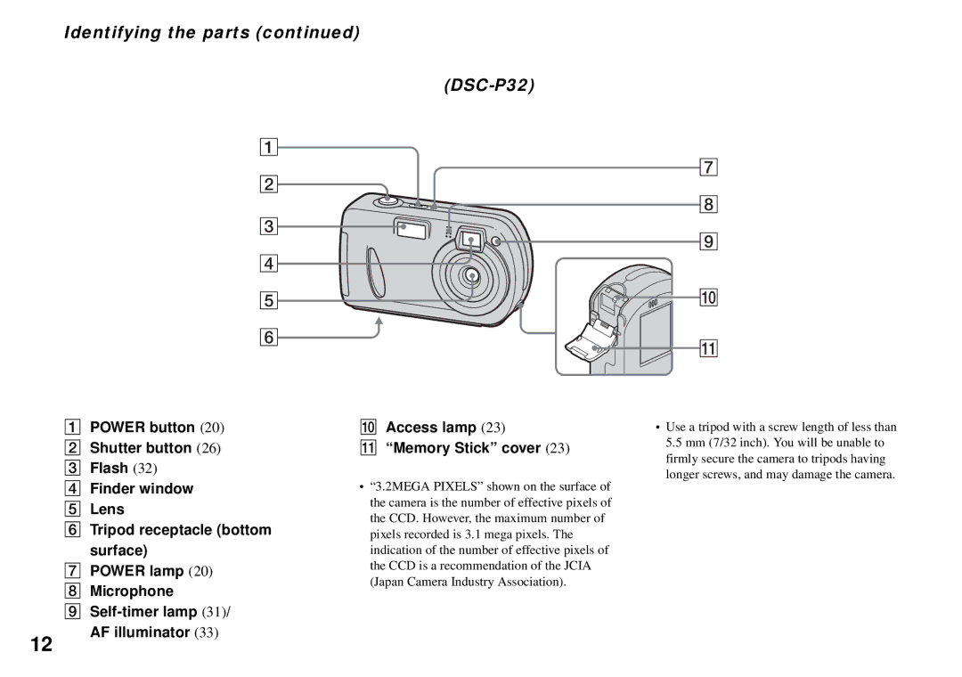 Sony DSC-P72 operating instructions Identifying the parts DSC-P32, AF illuminator 