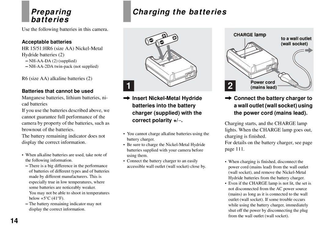 Sony DSC-P32, DSC-P72 Preparing batteries, Charging the batteries, Acceptable batteries, Batteries that cannot be used 