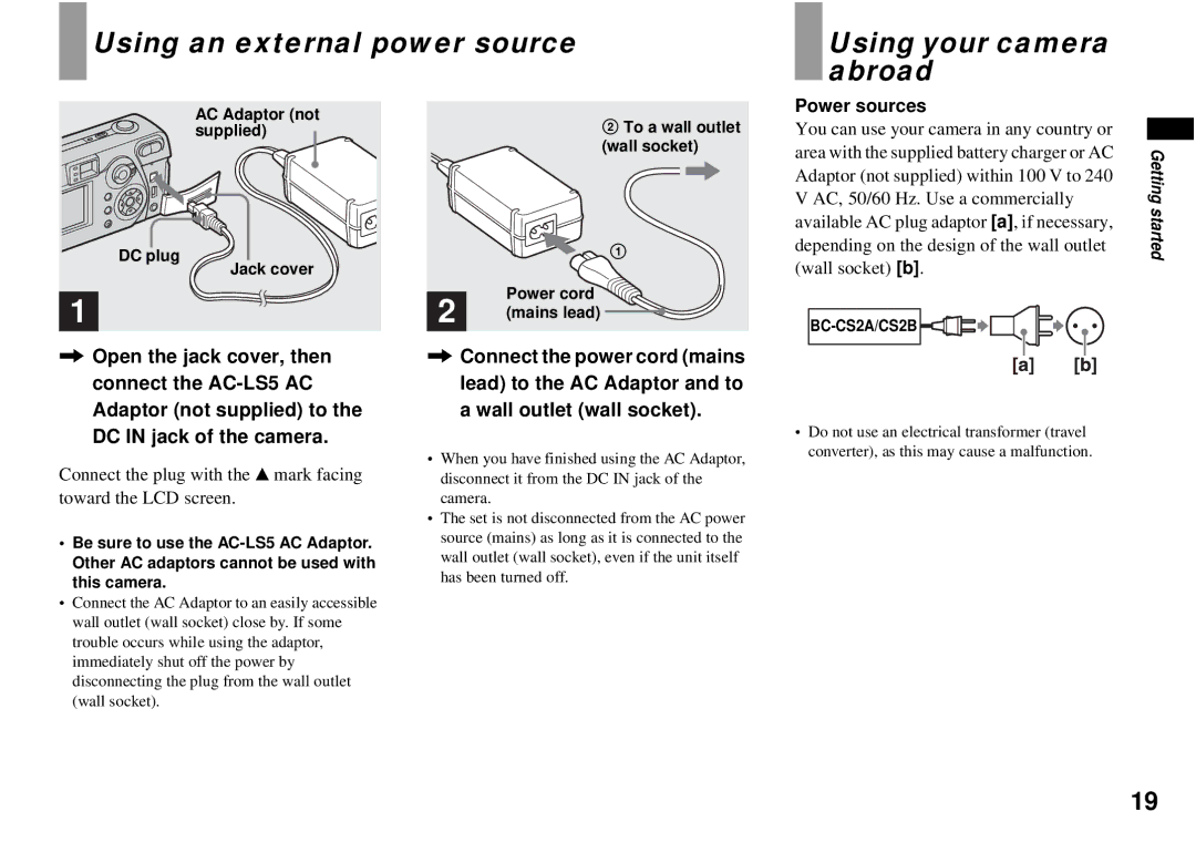 Sony DSC-P72, DSC-P32 operating instructions Using an external power source Using your camera abroad, Power sources 