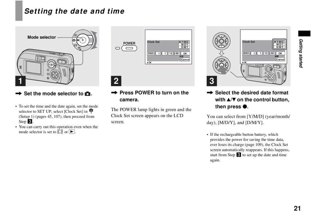 Sony DSC-P72, DSC-P32 operating instructions Setting the date and time, Set the mode selector to 