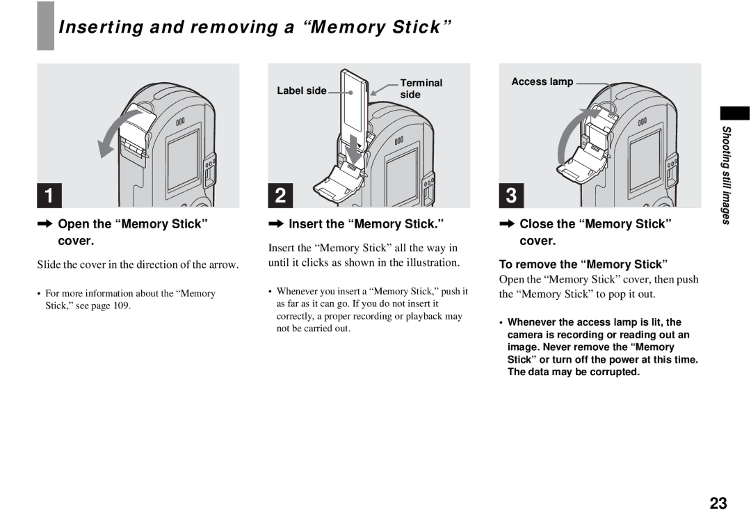 Sony DSC-P72, DSC-P32 Inserting and removing a Memory Stick, Open the Memory Stick cover, Insert the Memory Stick 