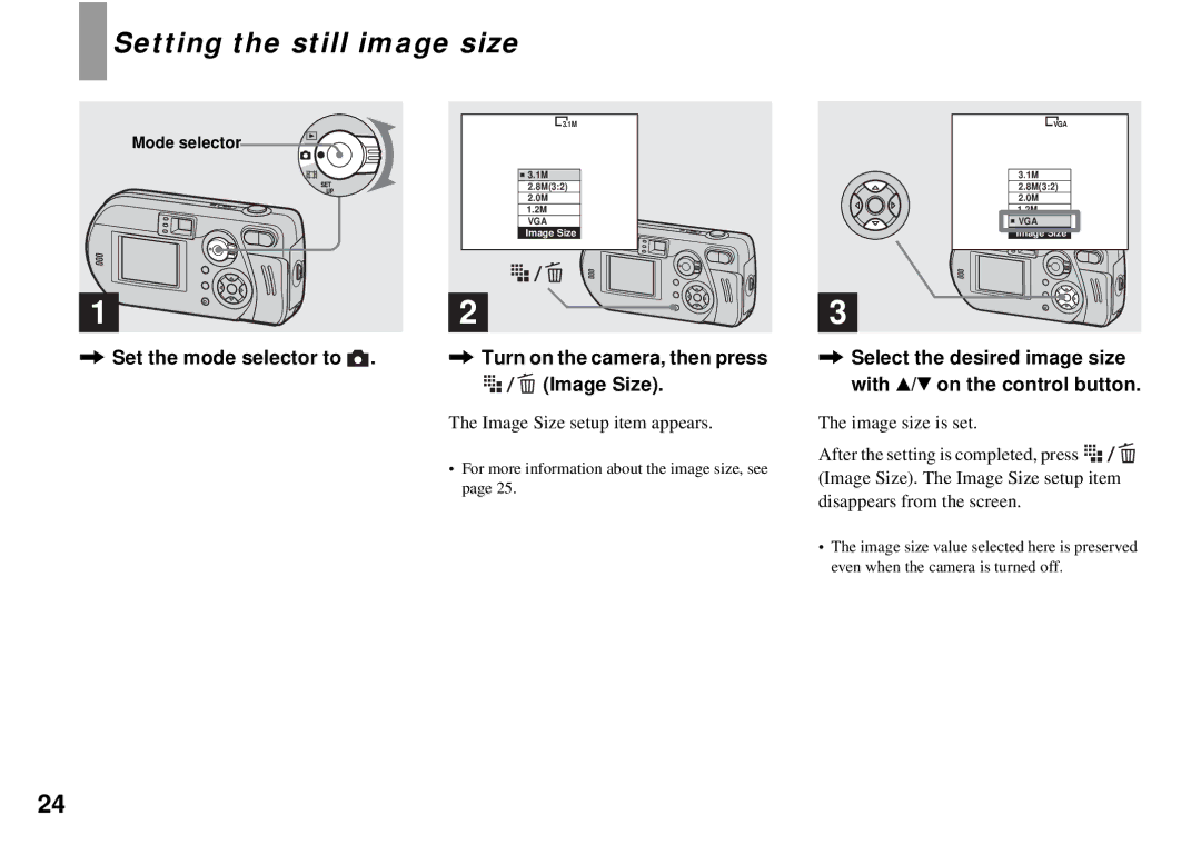 Sony DSC-P32, DSC-P72 operating instructions Setting the still image size 