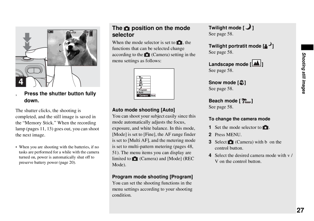 Sony DSC-P72, DSC-P32 operating instructions Position on the mode selector 