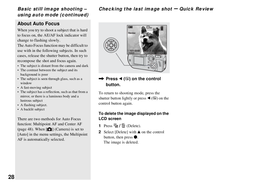 Sony DSC-P32 About Auto Focus, Basic still image shooting using auto mode, Checking the last image shot Quick Review 