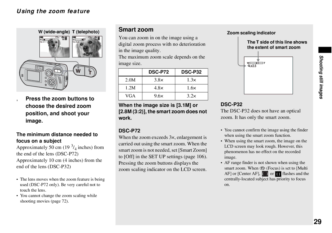 Sony DSC-P72, DSC-P32 operating instructions Smart zoom, Using the zoom feature 