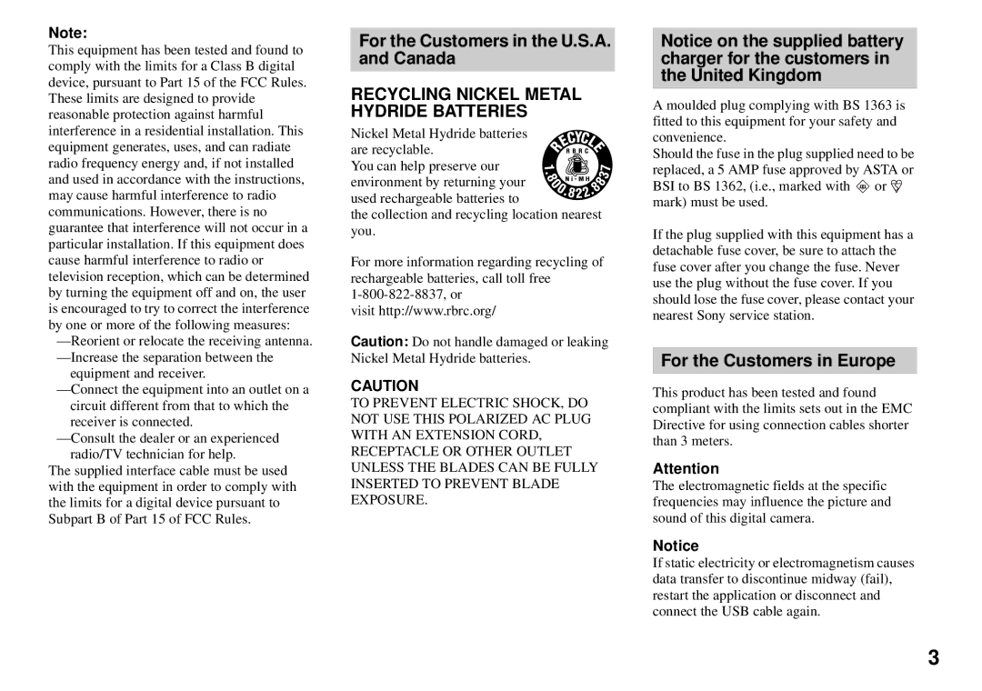 Sony DSC-P72, DSC-P32 operating instructions For the Customers in the U.S.A. and Canada, For the Customers in Europe 