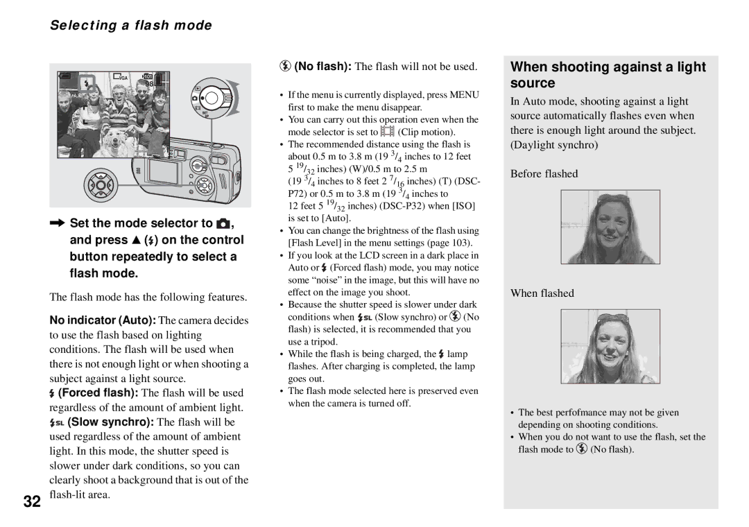 Sony DSC-P32, DSC-P72 When shooting against a light source, Selecting a flash mode, Flash mode has the following features 