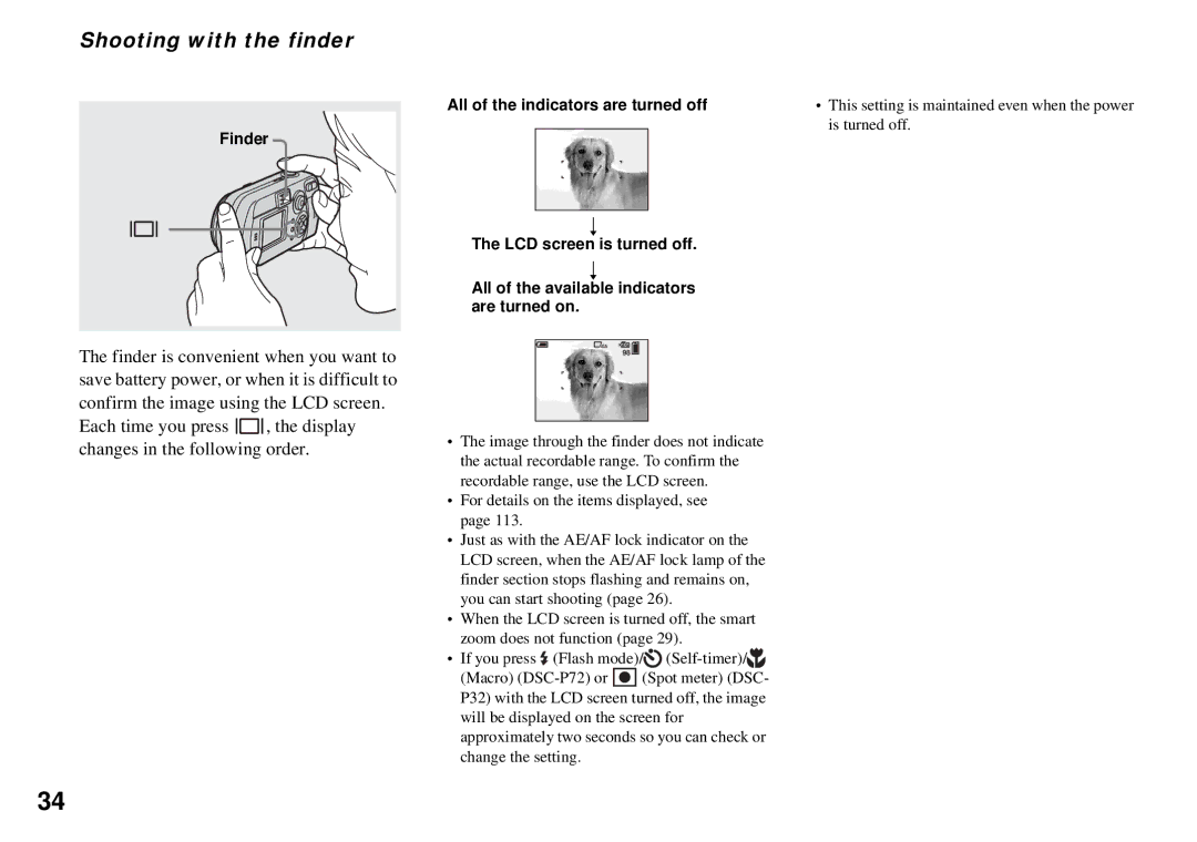 Sony DSC-P32, DSC-P72 operating instructions Shooting with the finder 