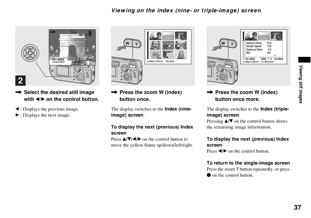 Sony DSC-P72 Viewing on the index nine- or triple-image screen, Image screen, To display the next previous Index, Screen 