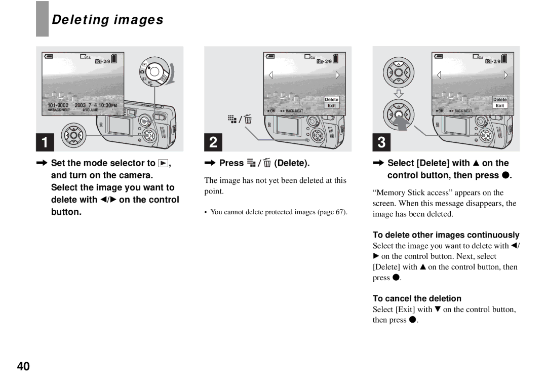 Sony DSC-P32, DSC-P72 Deleting images, Press Delete, Select Delete with v on the control button, then press z 