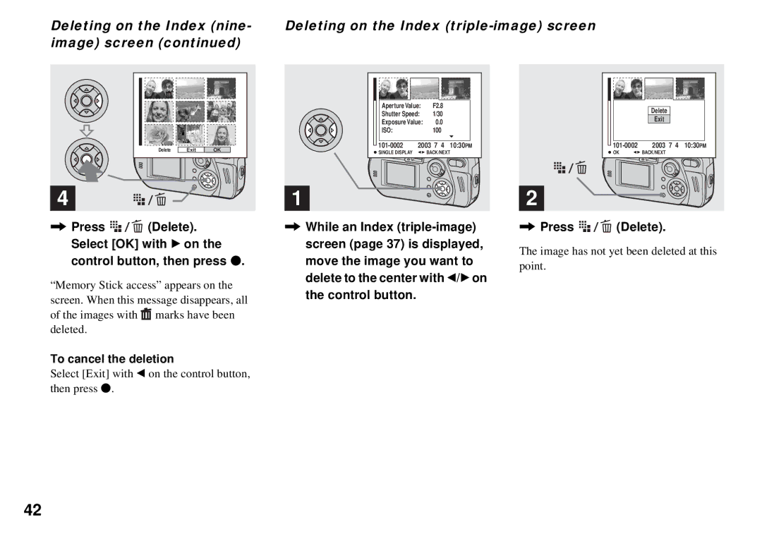 Sony DSC-P32, DSC-P72 Images with marks have been deleted, Select Exit with b on the control button, then press z 