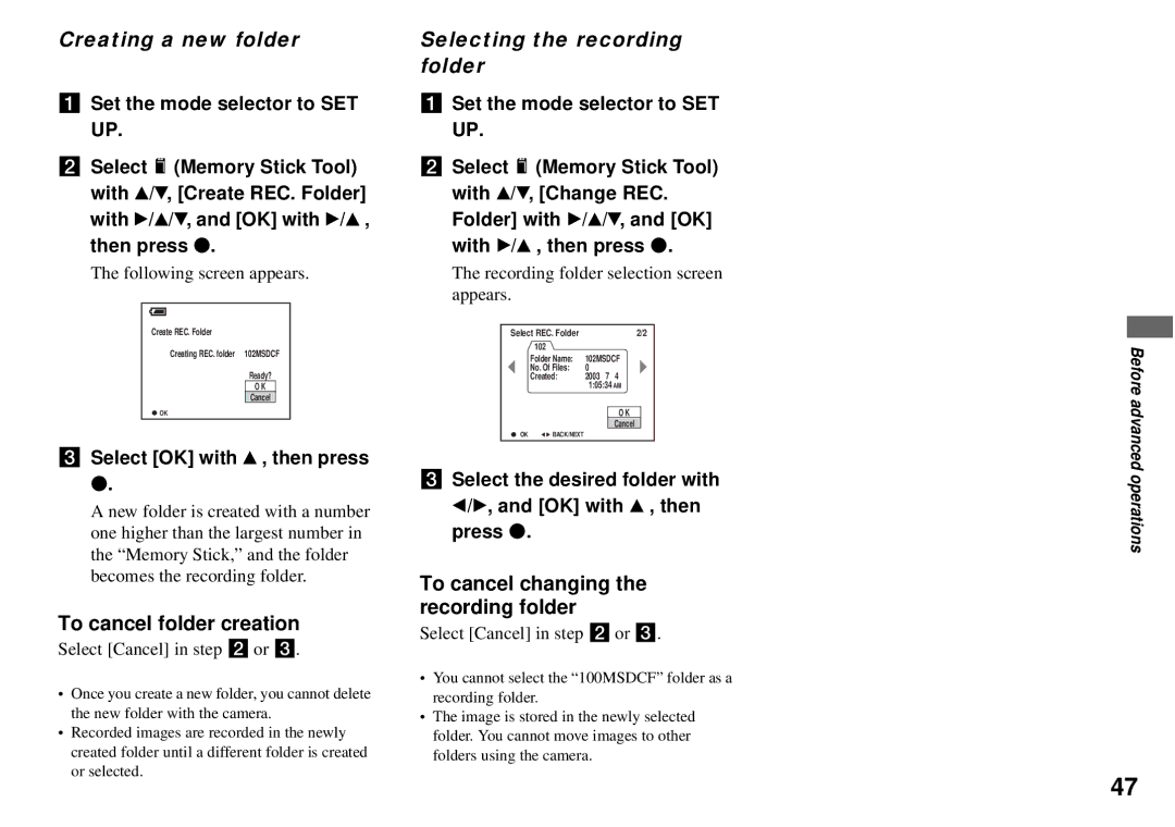 Sony DSC-P72, DSC-P32 Creating a new folder, To cancel folder creation, Selecting the recording folder 