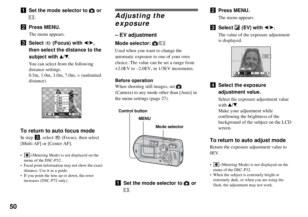 Sony DSC-P32, DSC-P72 Adjusting the exposure, To return to auto focus mode, EV adjustment, To return to auto adjust mode 