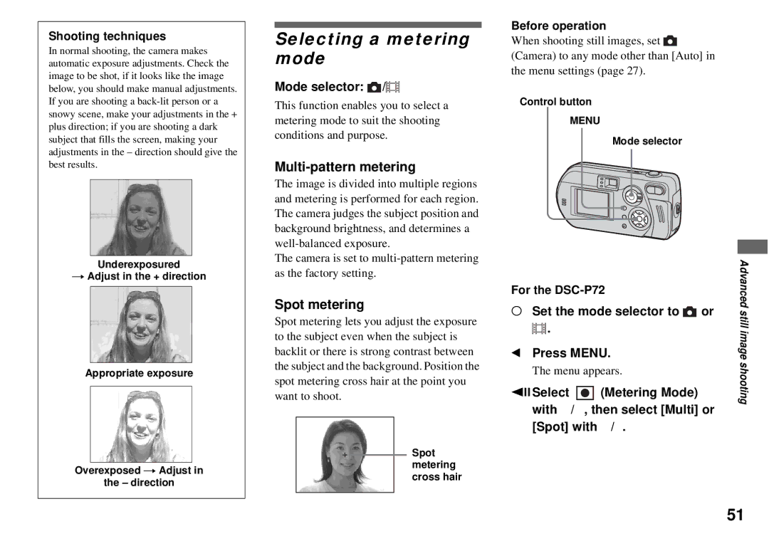 Sony DSC-P72, DSC-P32 operating instructions Selecting a metering mode, Multi-pattern metering, Spot metering 