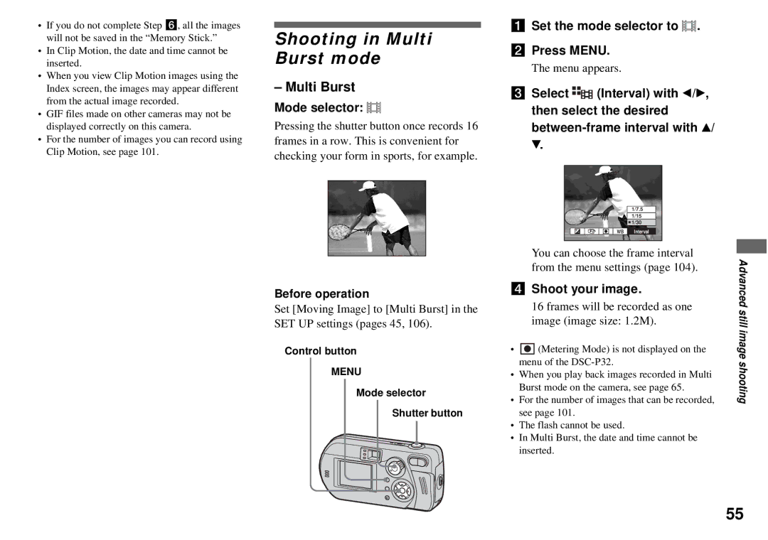 Sony DSC-P72, DSC-P32 Shooting in Multi Burst mode, Shoot your image, Frames will be recorded as one image image size 1.2M 