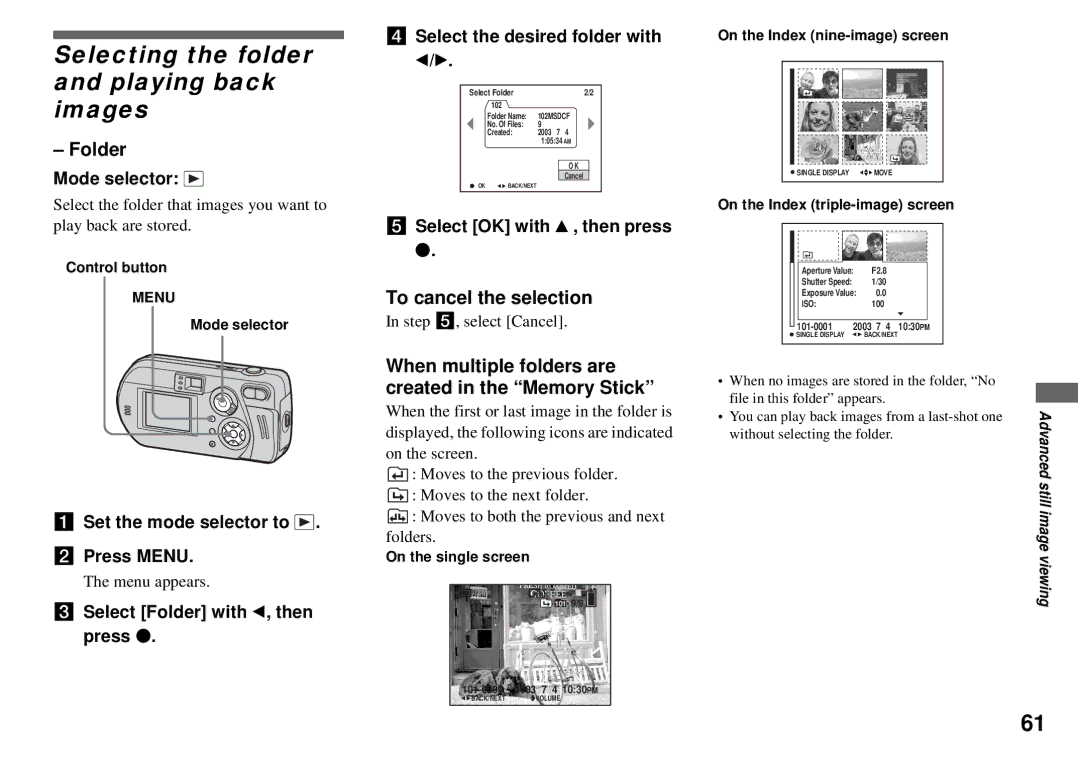 Sony DSC-P72, DSC-P32 Selecting the folder and playing back images, Folder, To cancel the selection, select Cancel 