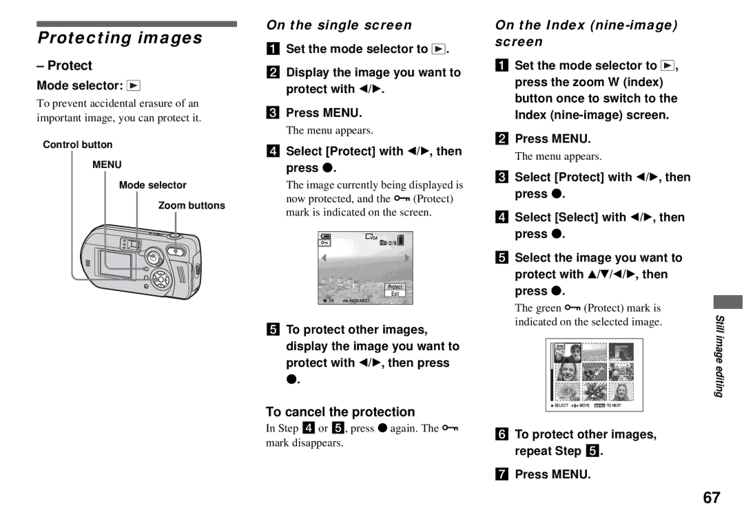 Sony DSC-P72, DSC-P32 Protecting images, On the single screen, To cancel the protection, On the Index nine-image screen 