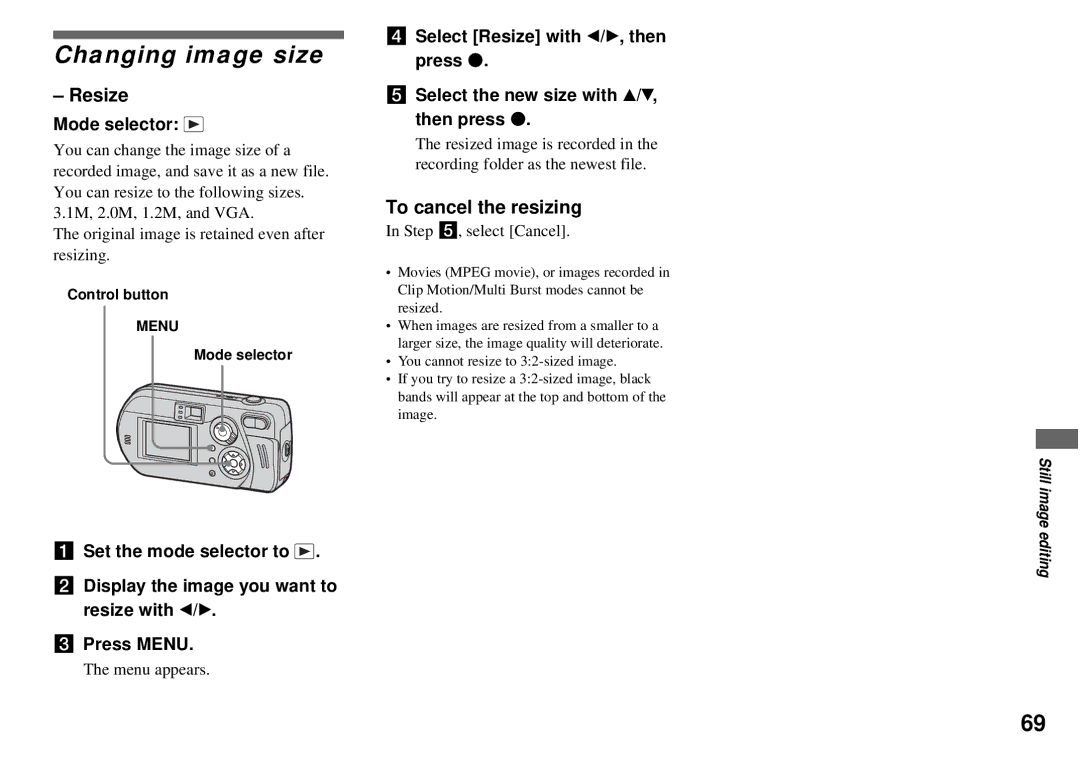 Sony DSC-P72, DSC-P32 operating instructions Changing image size, Resize, To cancel the resizing 