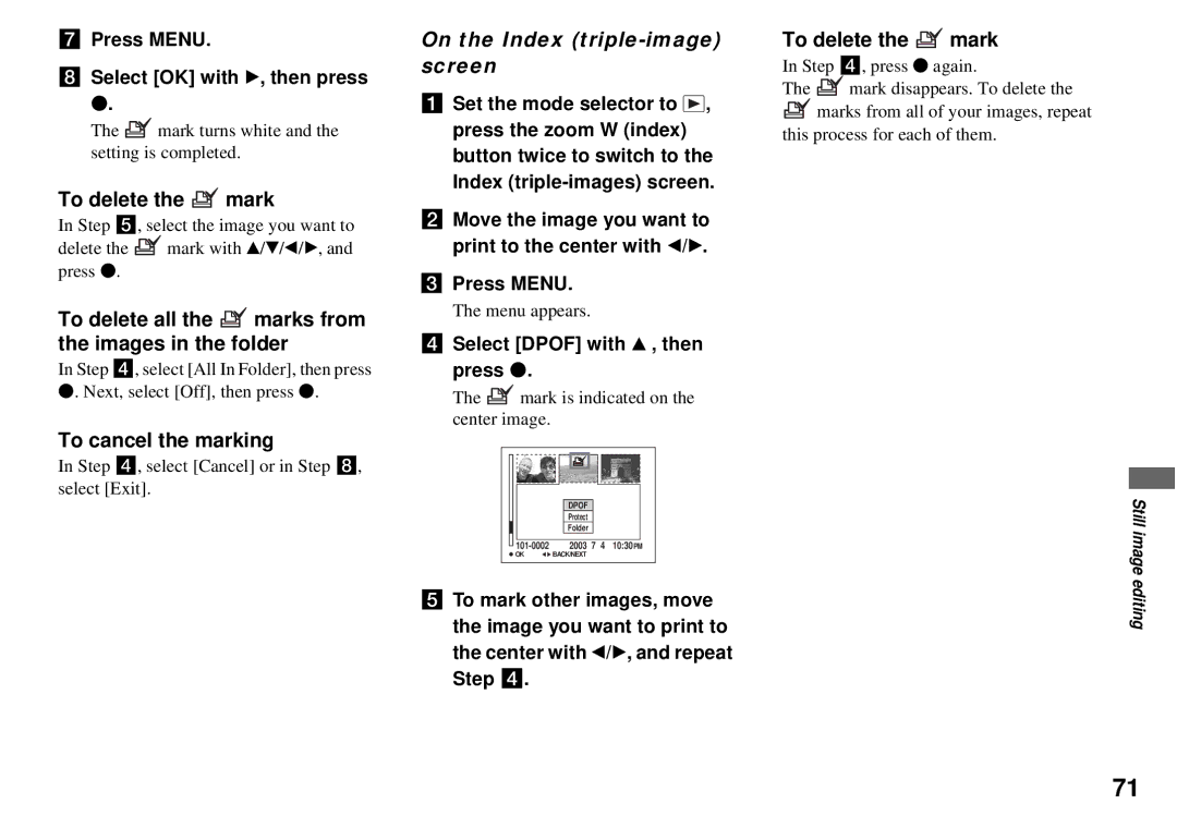 Sony DSC-P72, DSC-P32 operating instructions To delete all the marks from the images in the folder, To cancel the marking 