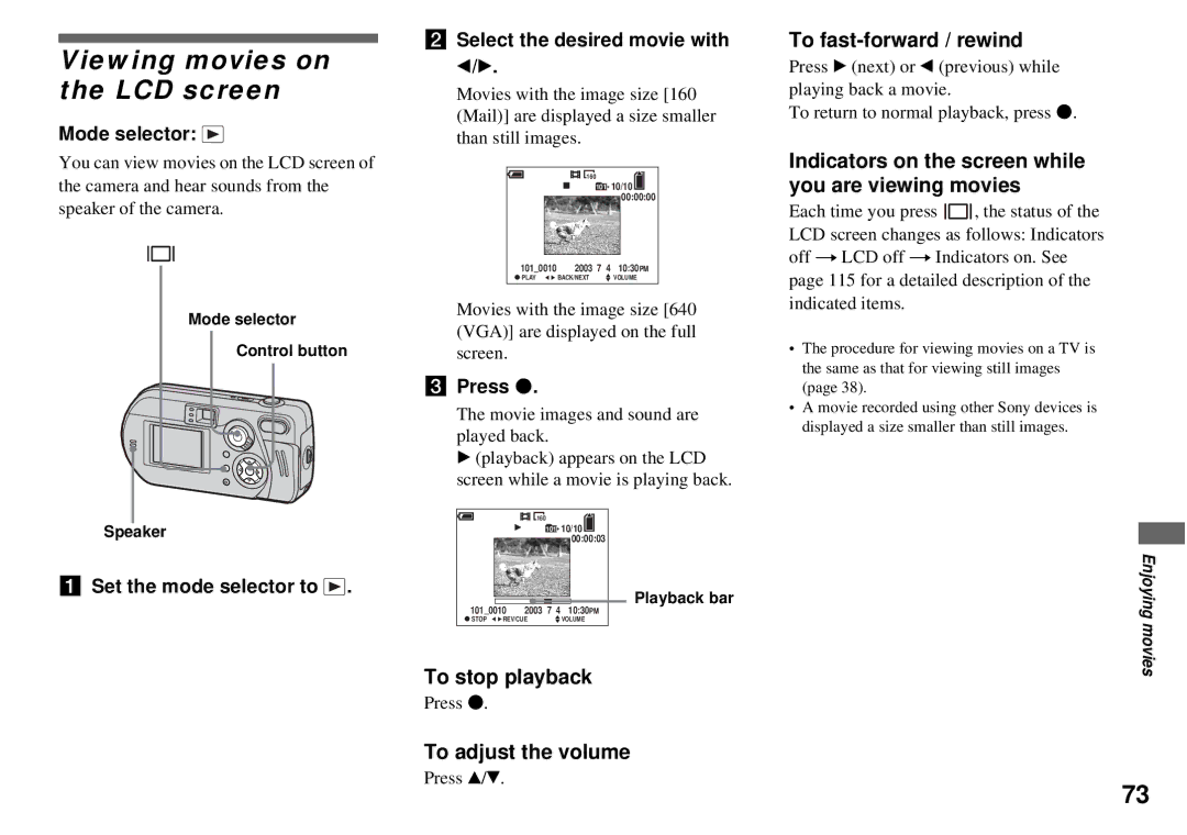 Sony DSC-P72, DSC-P32 Viewing movies on the LCD screen, To fast-forward / rewind, To stop playback, To adjust the volume 