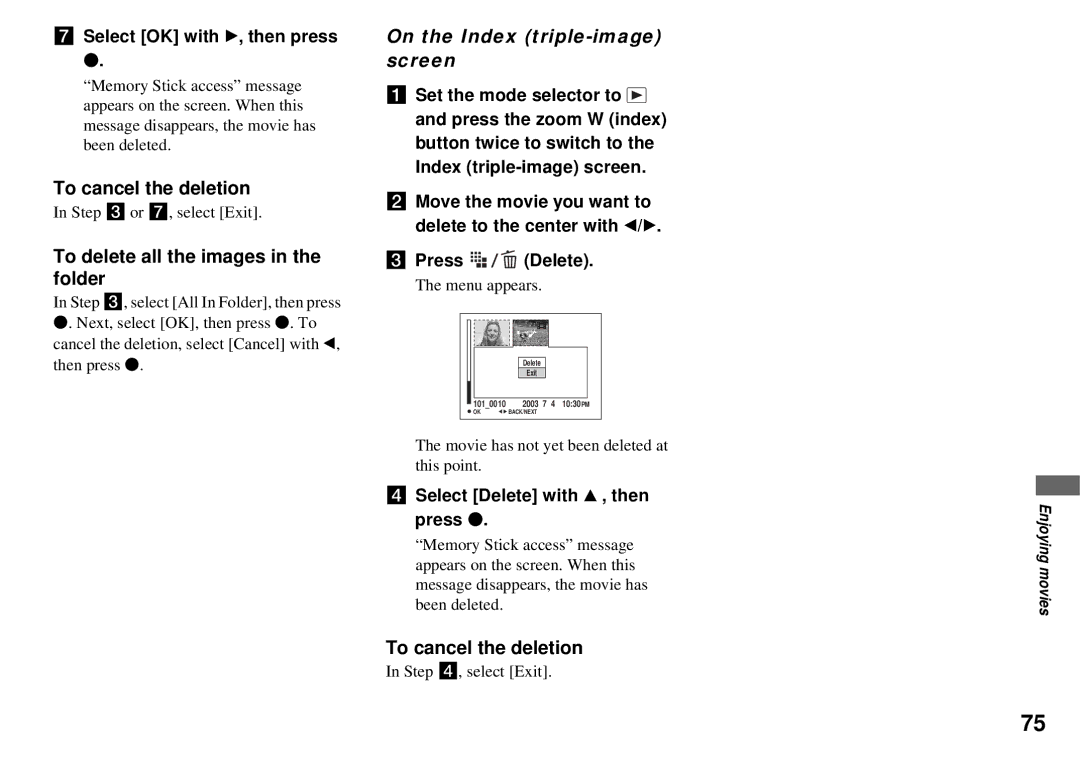 Sony DSC-P72, DSC-P32 operating instructions To delete all the images in the folder, Or 7, select Exit 