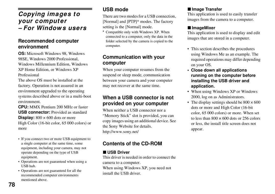 Sony DSC-P32, DSC-P72 Copying images to your computer For Windows users, Recommended computer environment, USB mode 