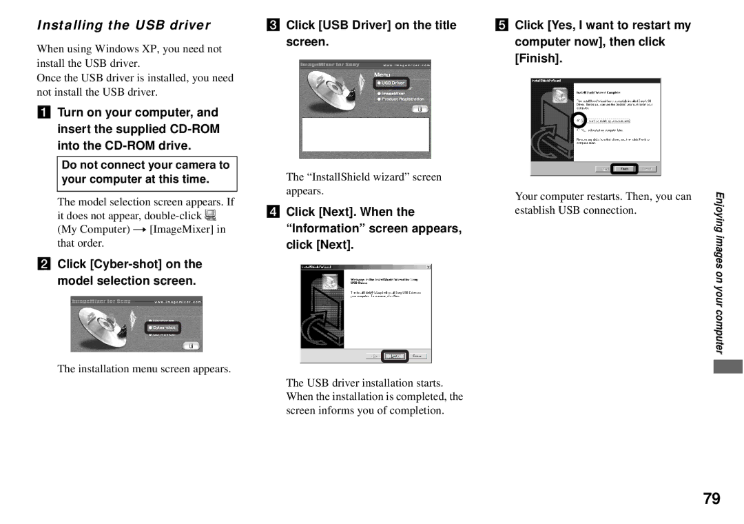 Sony DSC-P72, DSC-P32 operating instructions Installing the USB driver, Click Cyber-shot on the model selection screen 