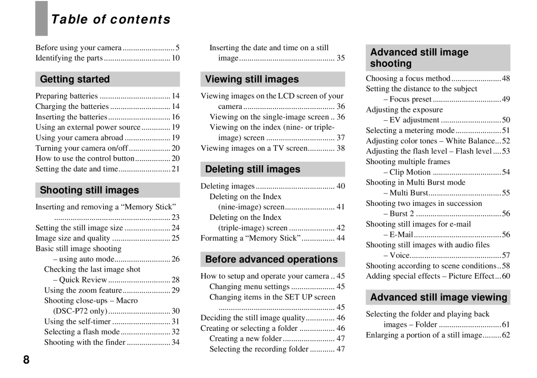 Sony DSC-P32, DSC-P72 operating instructions Table of contents 