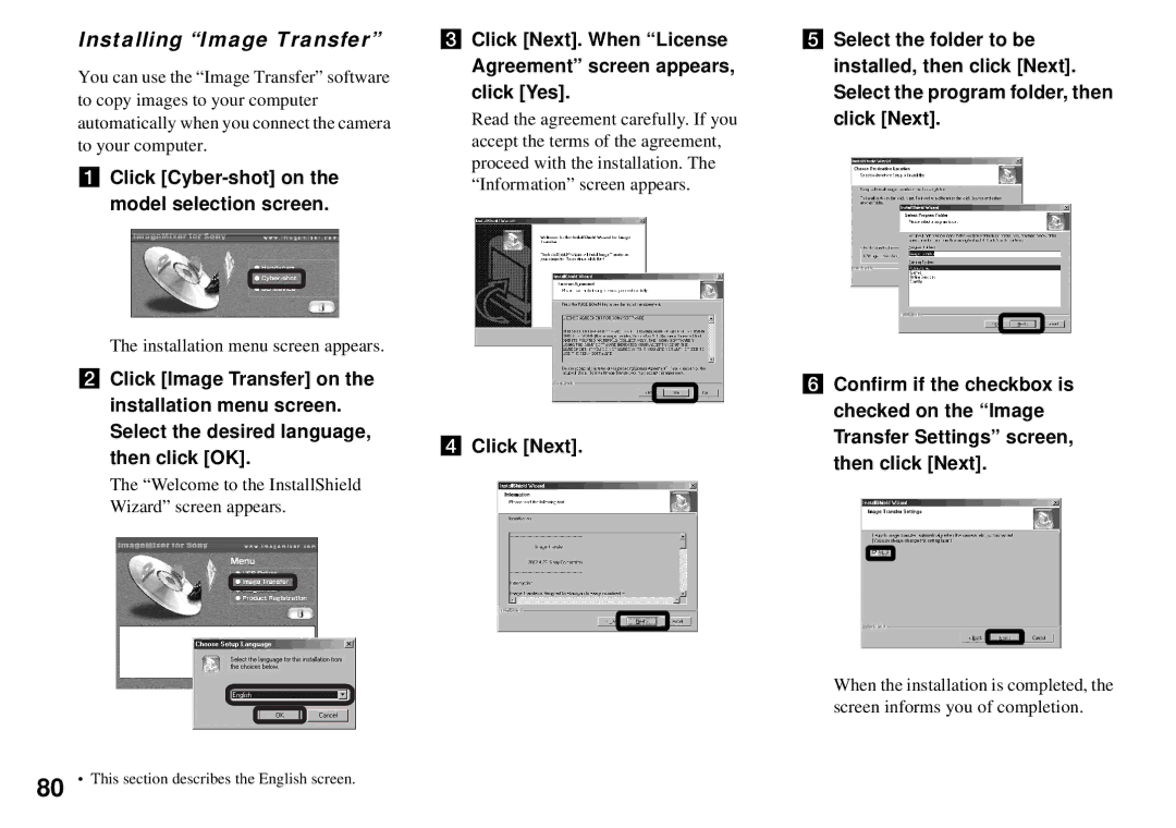 Sony DSC-P32, DSC-P72 Installing Image Transfer, Click Next. When License Agreement screen appears, click Yes 