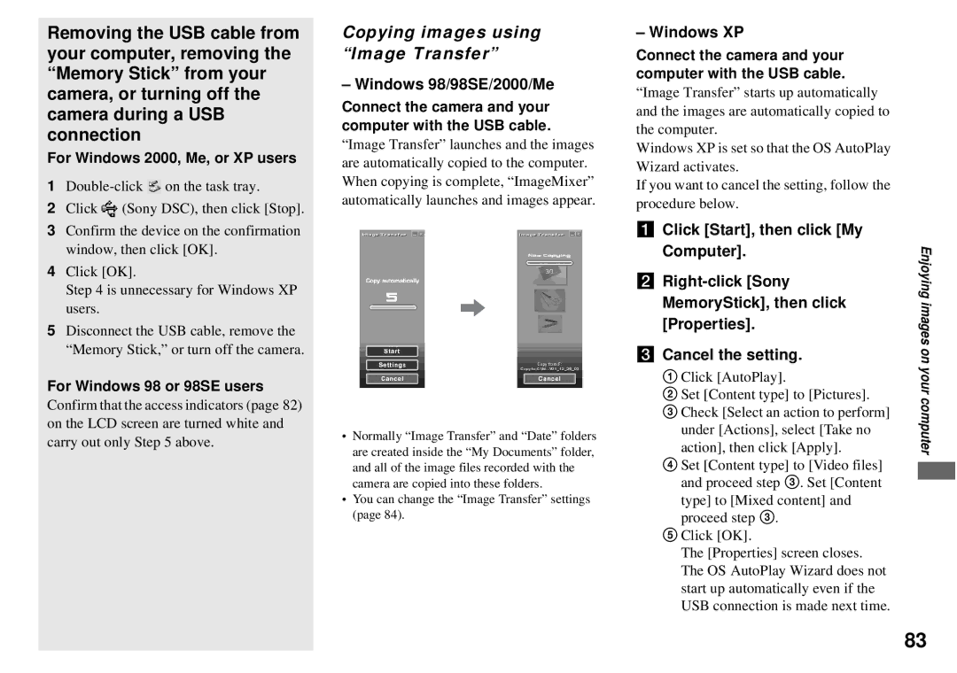 Sony DSC-P72, DSC-P32 Copying images using Image Transfer, For Windows 2000, Me, or XP users, For Windows 98 or 98SE users 