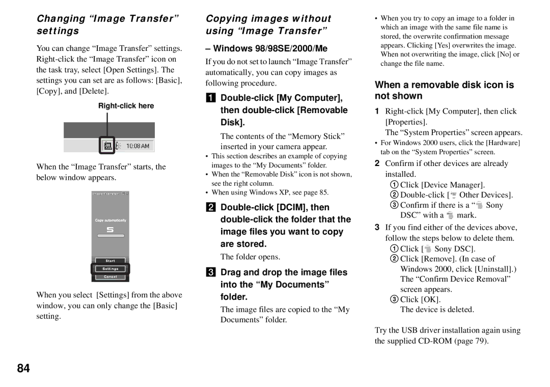 Sony DSC-P32, DSC-P72 operating instructions Changing Image Transfer settings, Copying images without using Image Transfer 